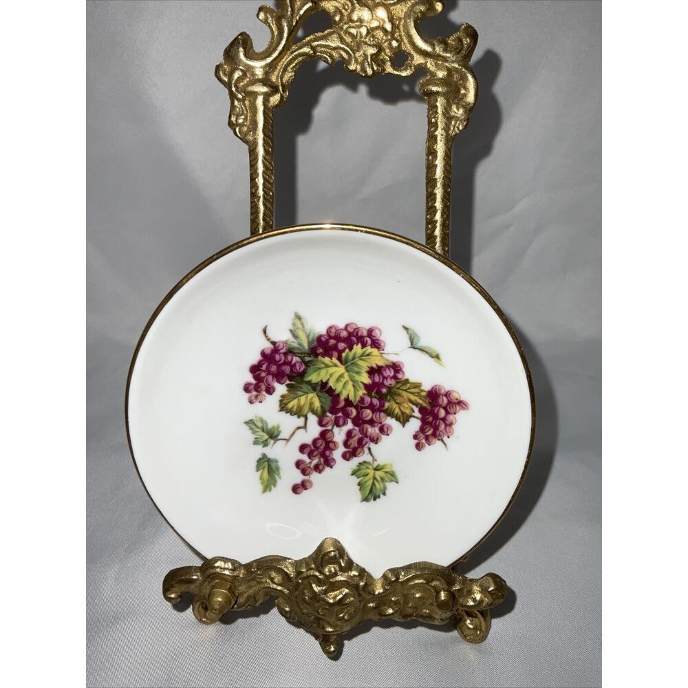 VINTAGE NAAMAN LTD PURPLE GRAPE PLATE WHITE GOLD RIM 4” MADE IN ISRAEL